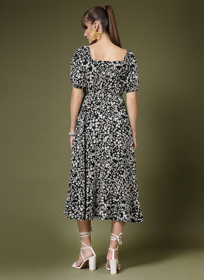 Flower Printed Black Calf Length Midi Dress