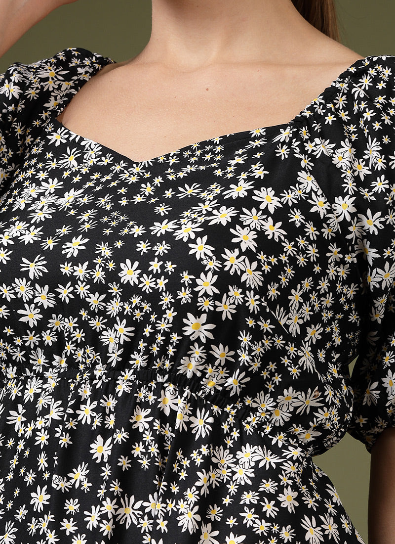 Flower Printed Black Calf Length Midi Dress