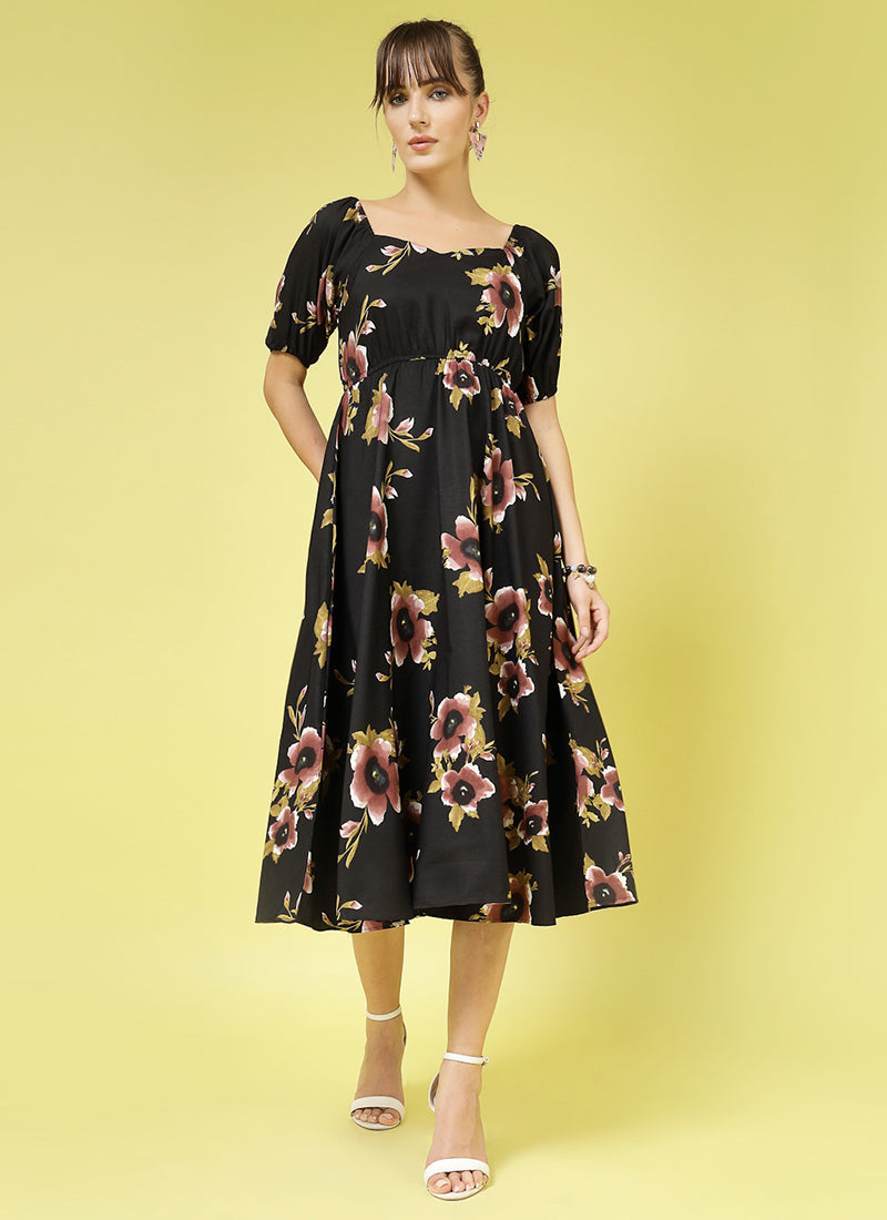 black dress with polka dot sleeves Puff Sleeve Black Calf Length Midi Dress