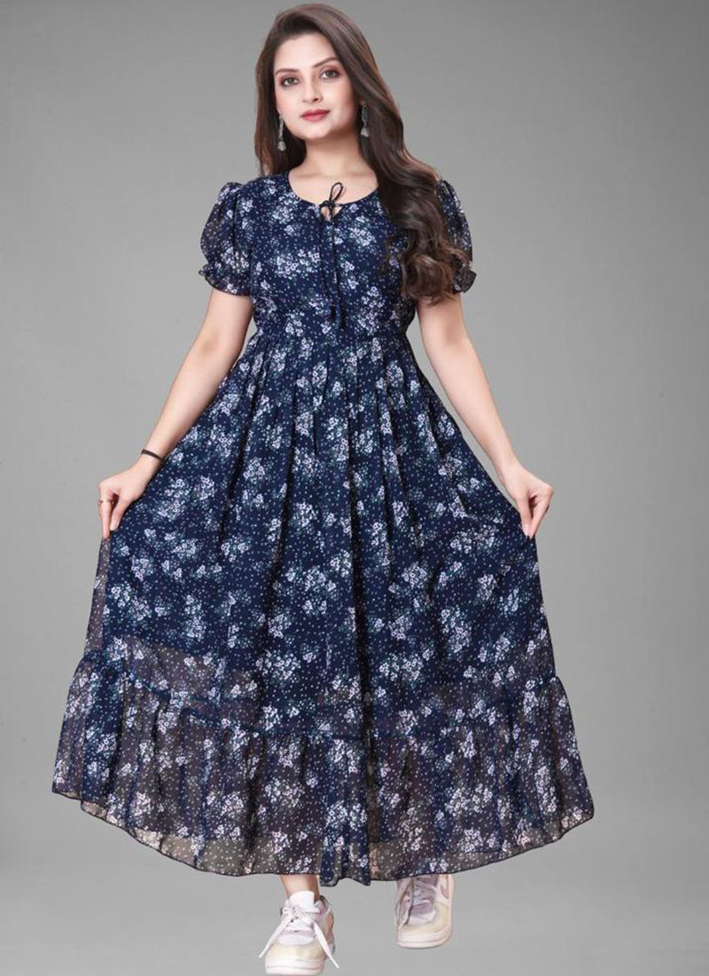 Sterling Blue Puff Sleeve Printed Georgette Maxi Dress