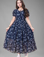 Sterling Blue Puff Sleeve Printed Georgette Maxi Dress