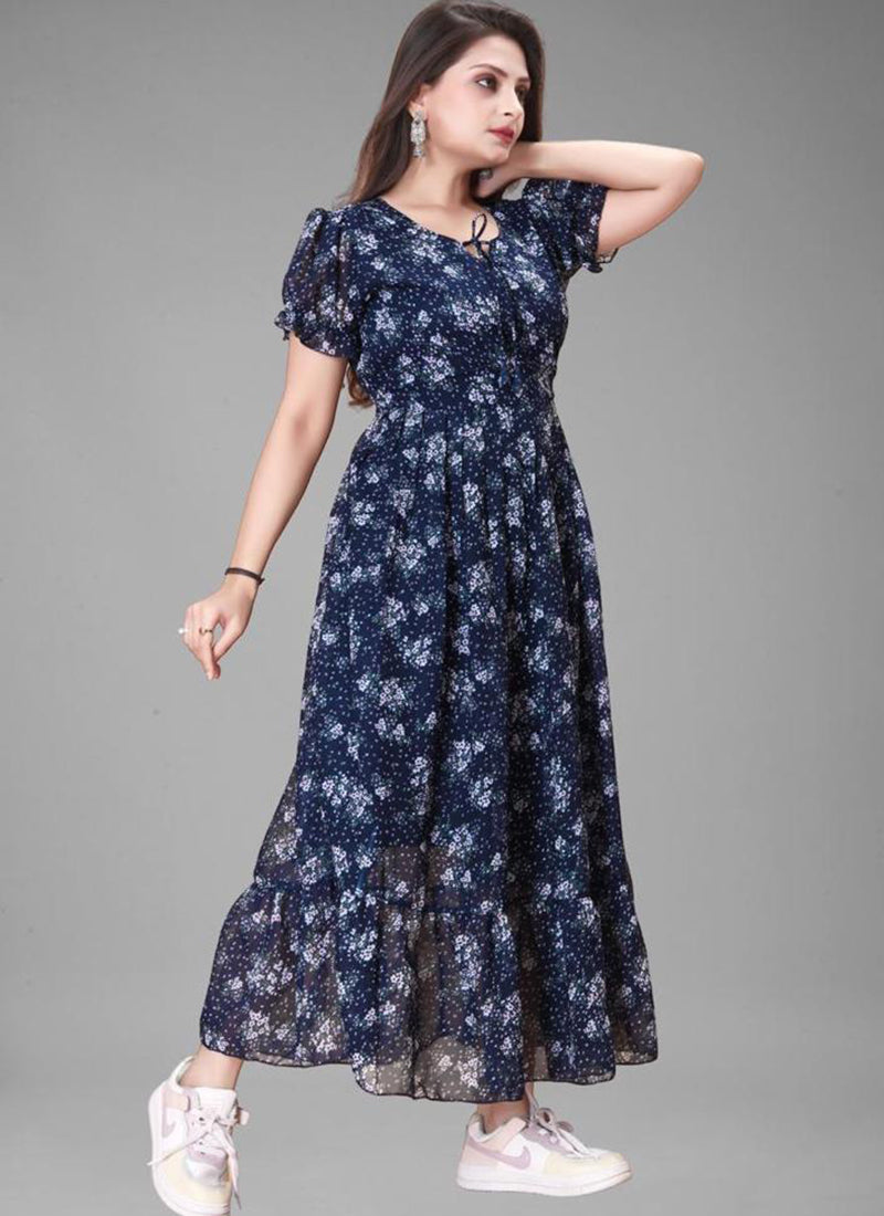 Sterling Blue Puff Sleeve Printed Georgette Maxi Dress