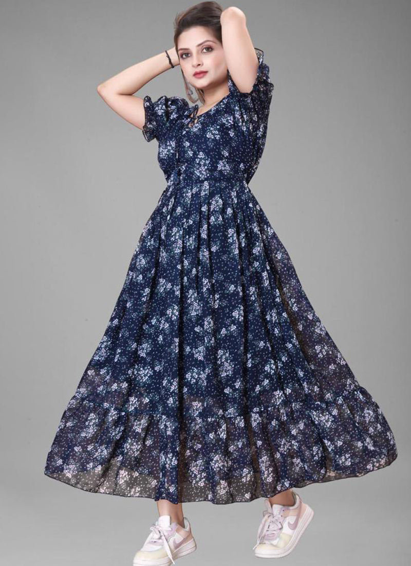 Sterling Blue Puff Sleeve Printed Georgette Maxi Dress