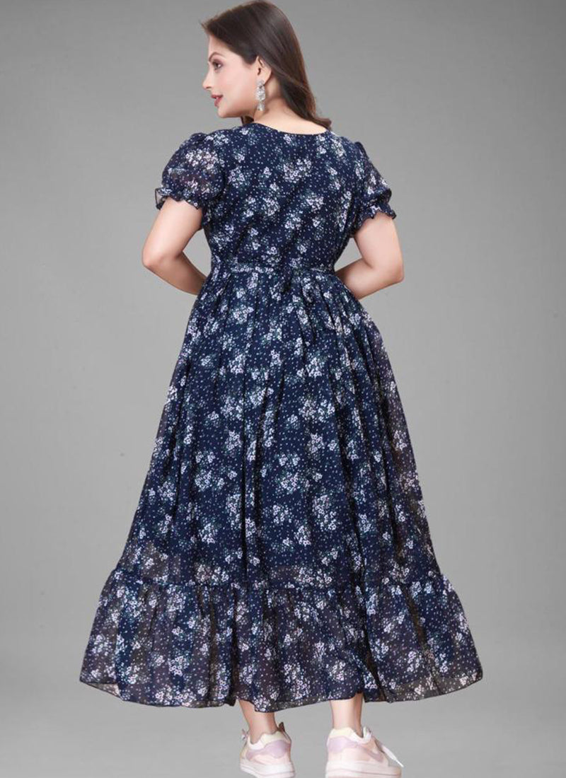 Sterling Blue Puff Sleeve Printed Georgette Maxi Dress