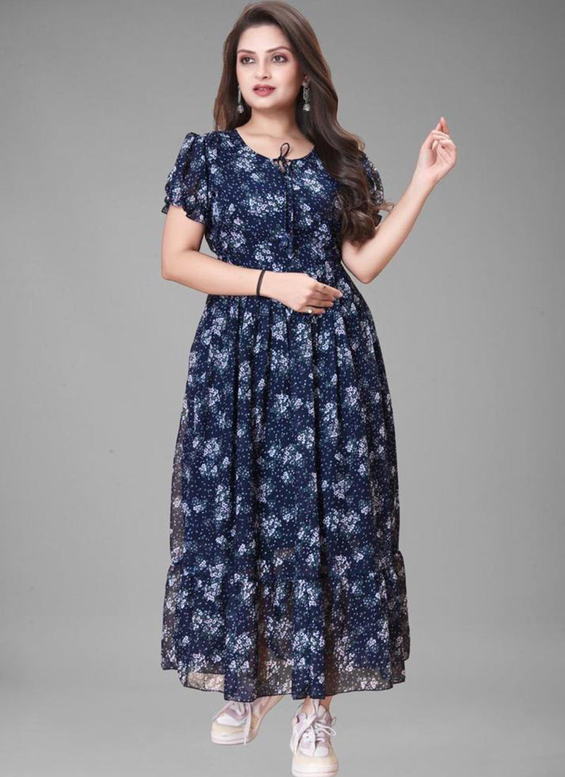 Sterling Blue Puff Sleeve Printed Georgette Maxi Dress