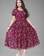 Urbane Maroon Color Puff Sleeve Georgette Maxi Dress