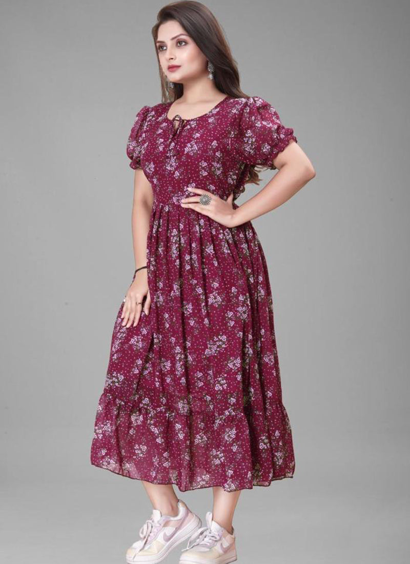 Urbane Maroon Color Puff Sleeve Georgette Maxi Dress