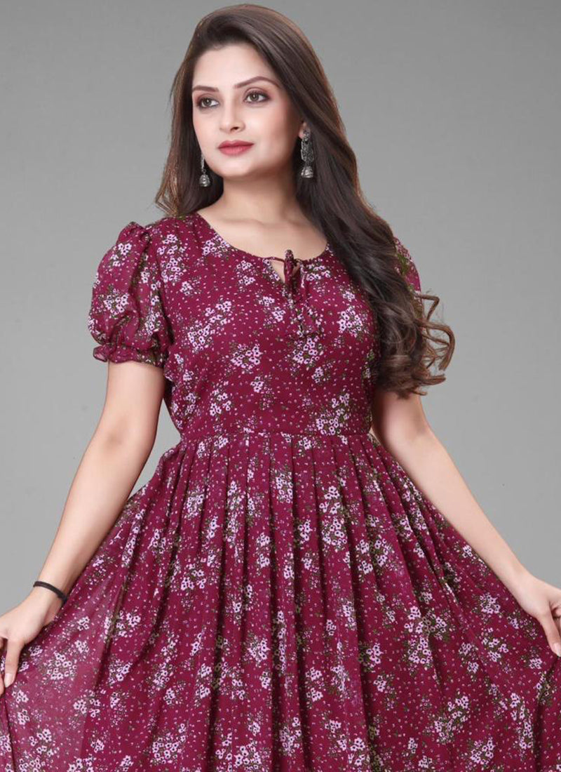 Urbane Maroon Color Puff Sleeve Georgette Maxi Dress