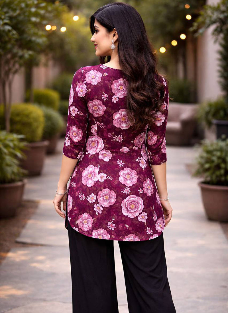 Purple Floral Printed Rayon Office Wear Cord Set