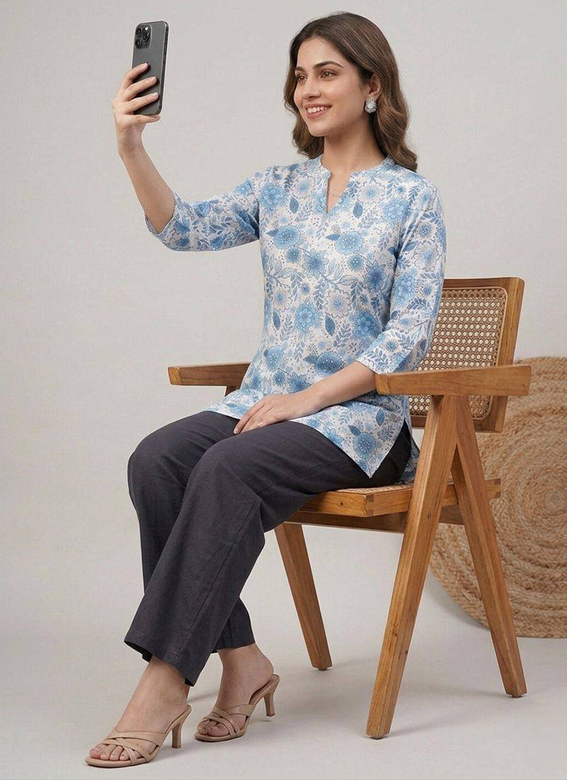 White Floral Printed Rayon Office Wear Cord Set