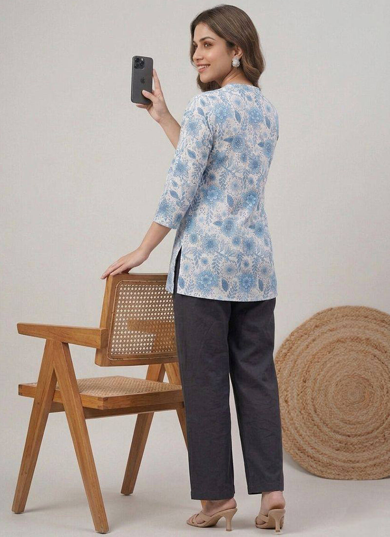 White Floral Printed Rayon Office Wear Cord Set