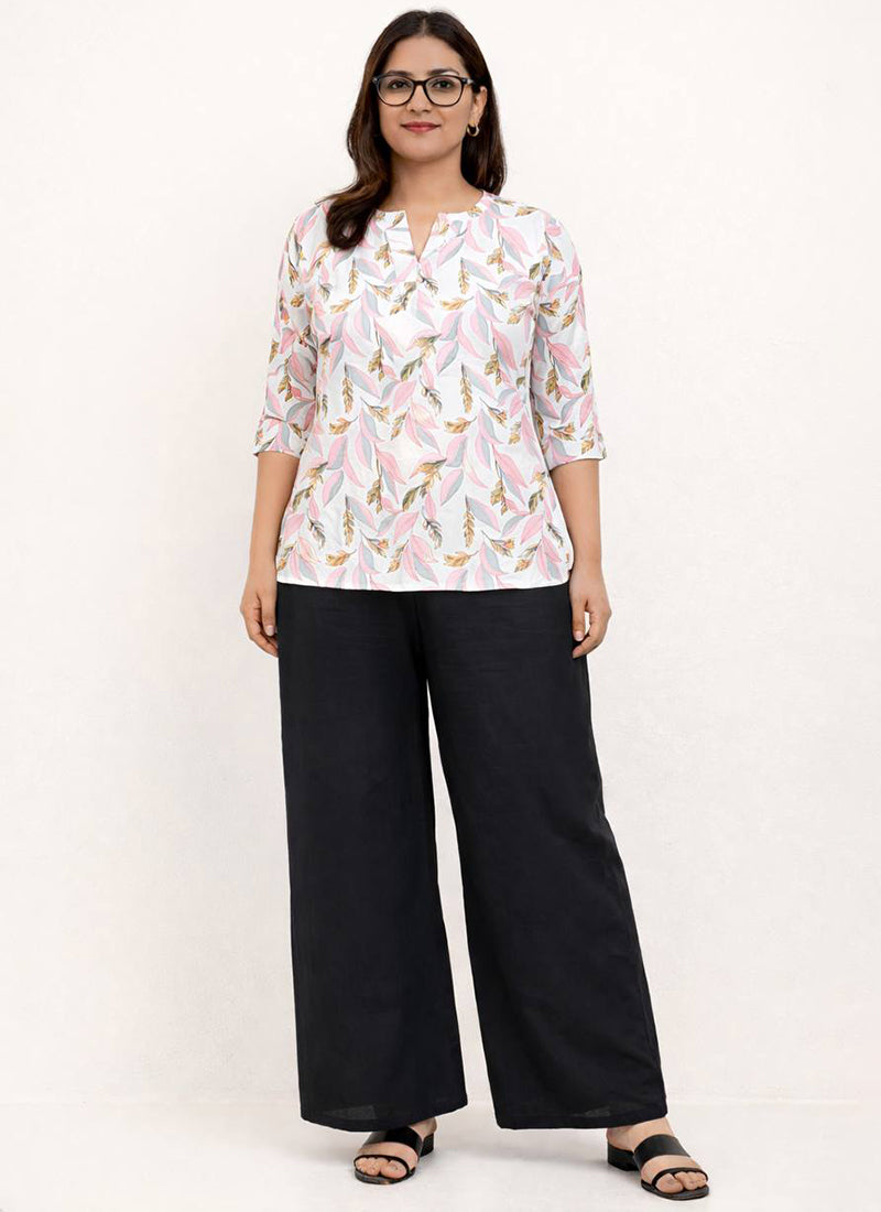 White And Pink Floral Printed Rayon Office Wear Cord Set
