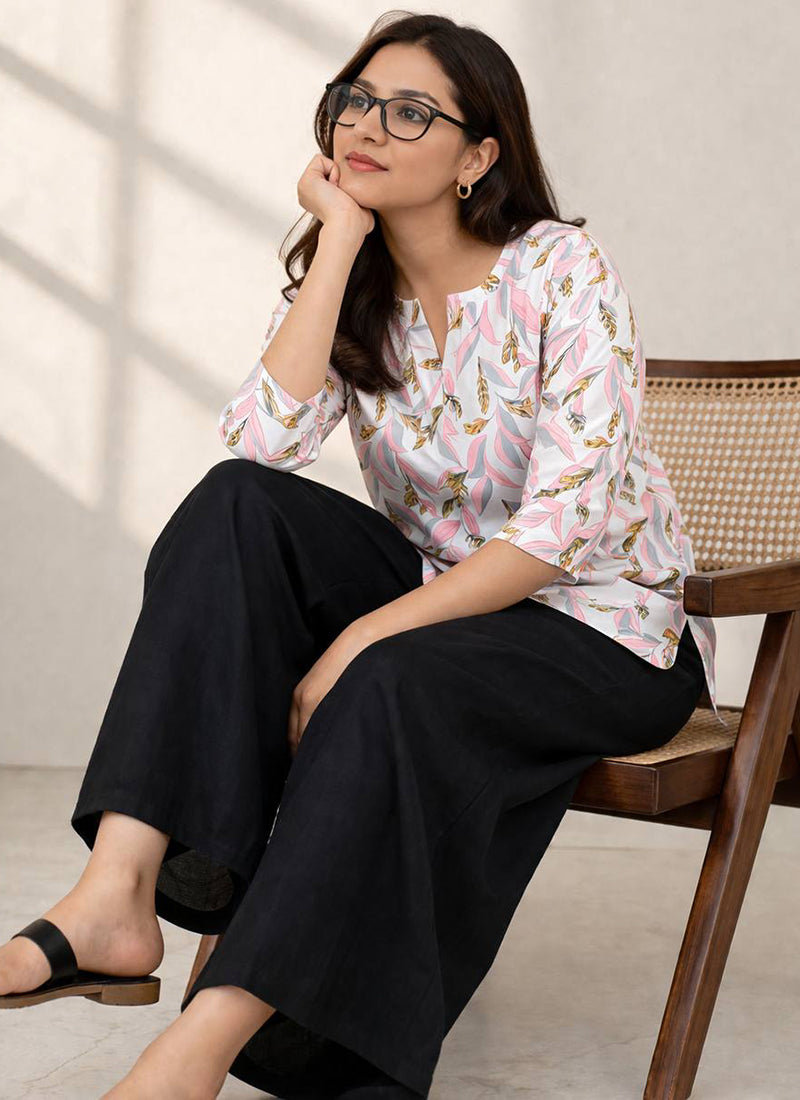 White And Pink Floral Printed Rayon Office Wear Cord Set