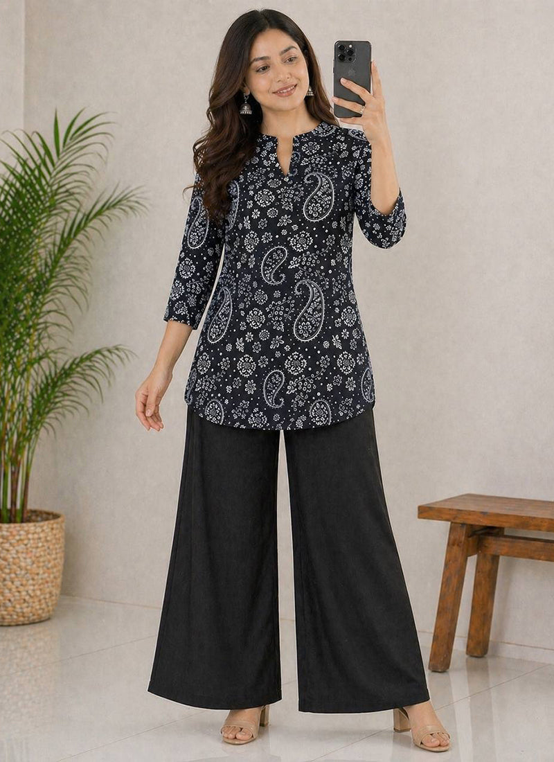 Black Floral Printed Rayon Outwear Cord Set