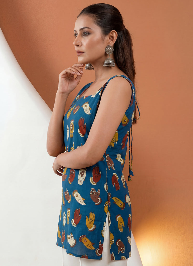 Blue Pure Cotton Straight-Cut Printed Short Kurti