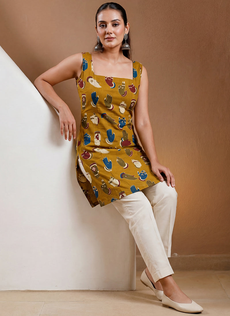 Mustard Pure Cotton Straight-Cut Printed Short Kurti