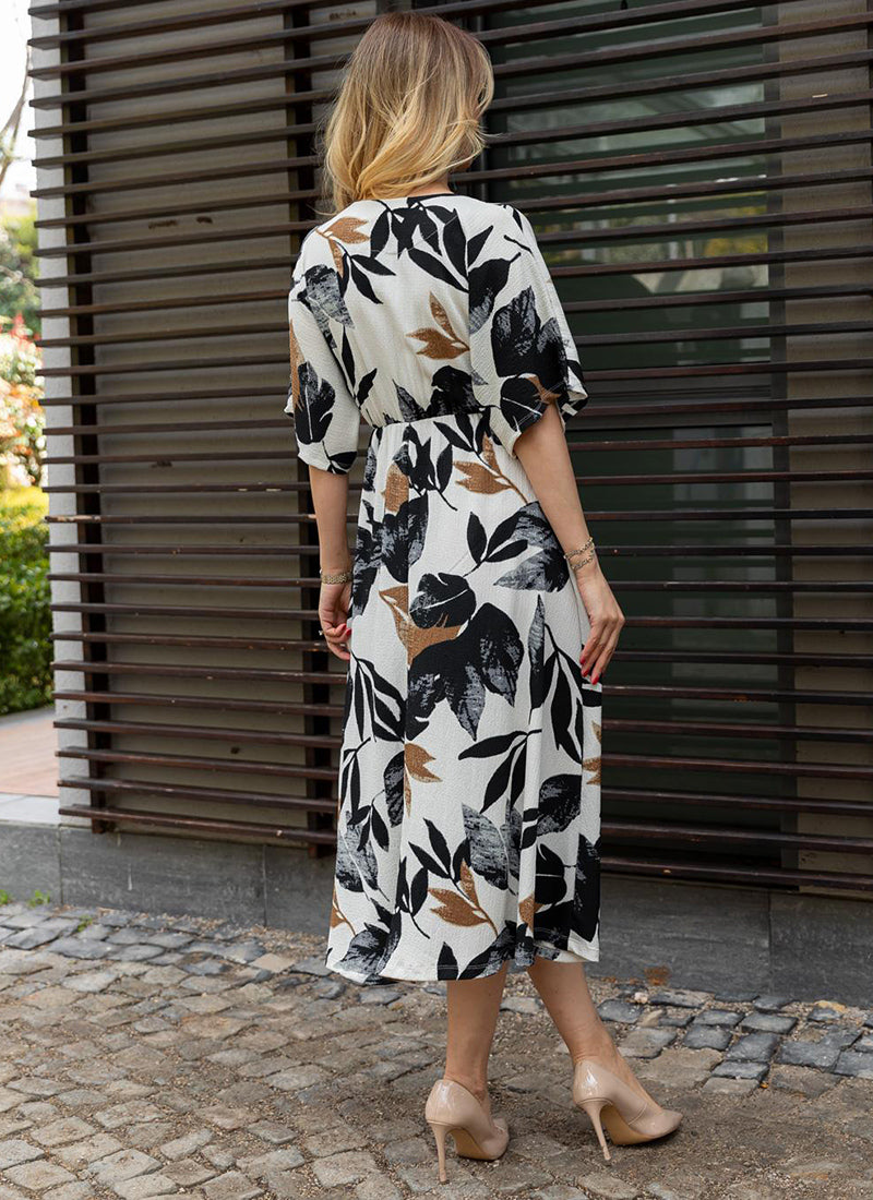 Black and White Rayon Leaf Printed Midi Dress
