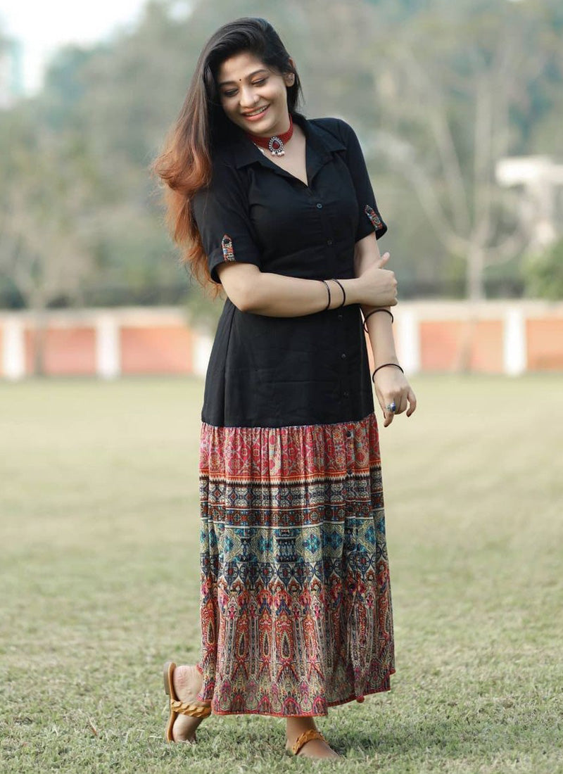 Black Rayon Rajwadi Printed Maxi Dress