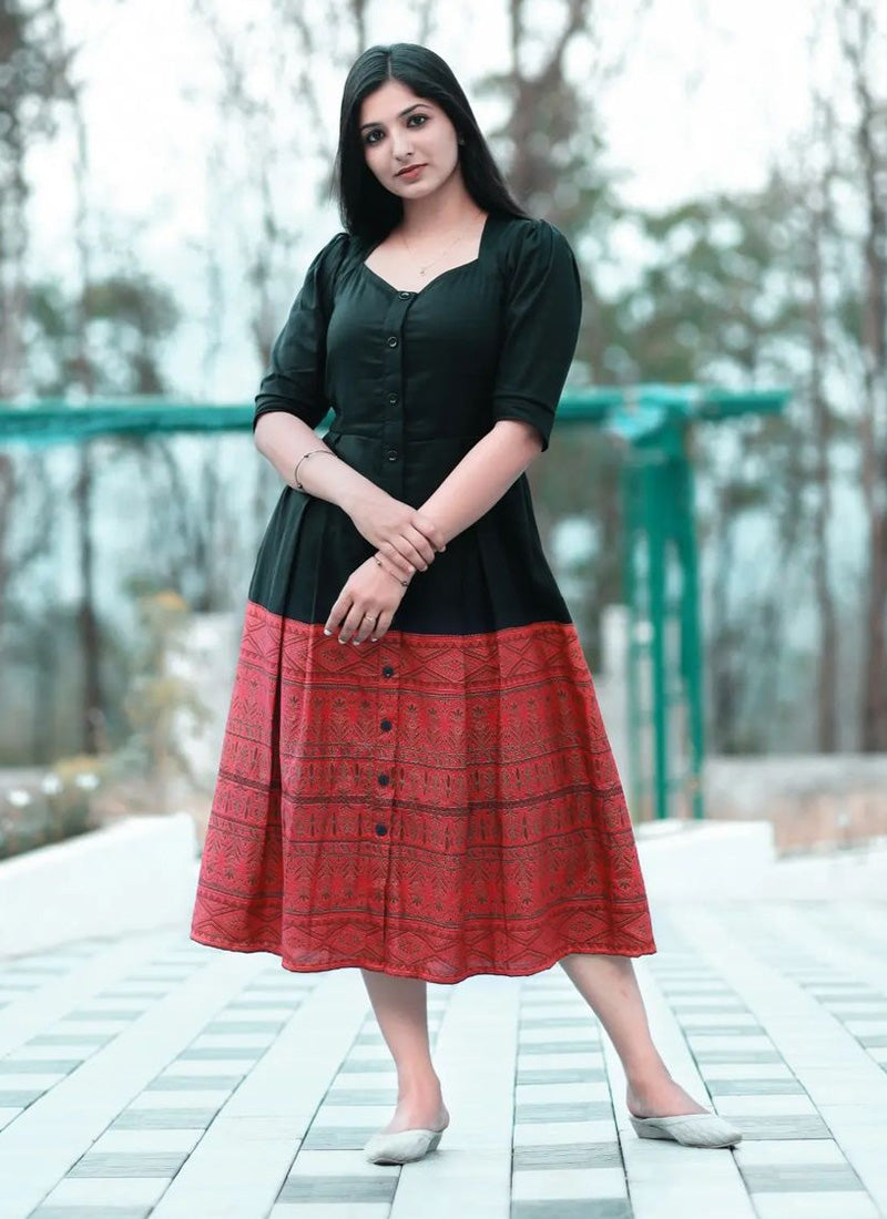 Black And Red Printed Western Dress