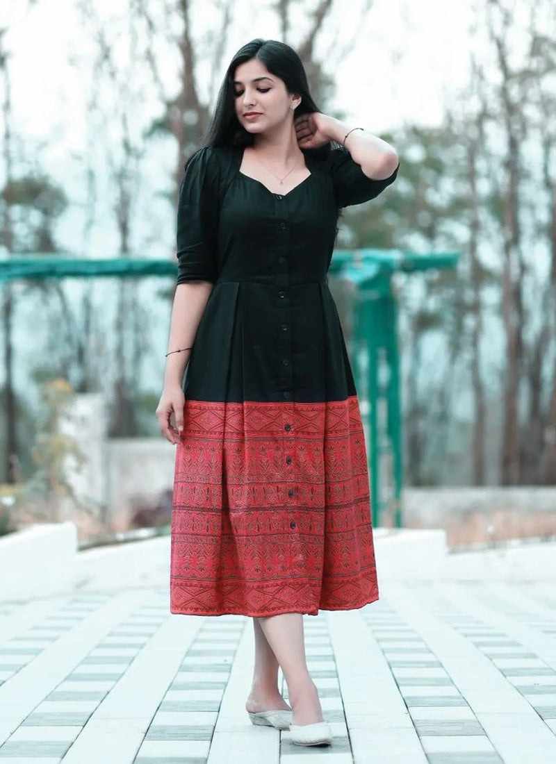 Black And Red Printed Western Dress