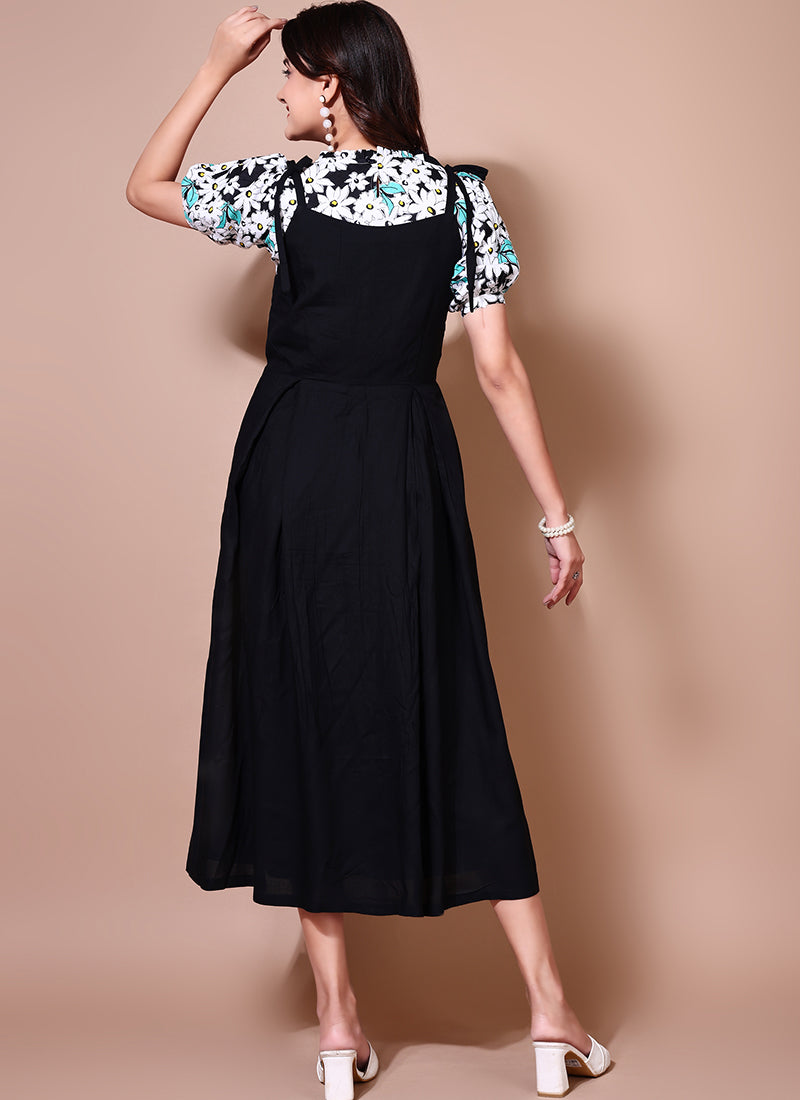 Dashing Black Color Two Piece Dungaree Dress