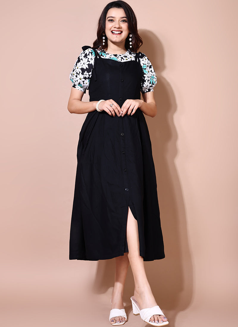 Dashing Black Color Two Piece Dungaree Dress