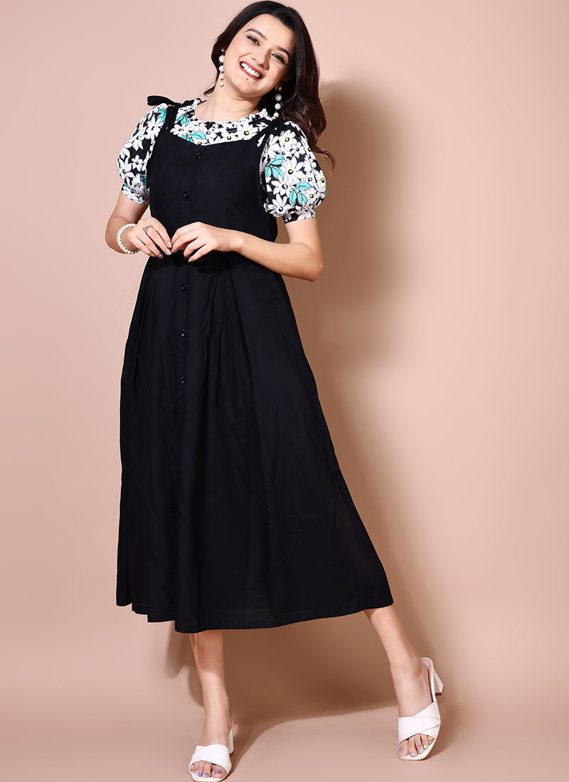 Dashing Black Color Two Piece Dungaree Dress