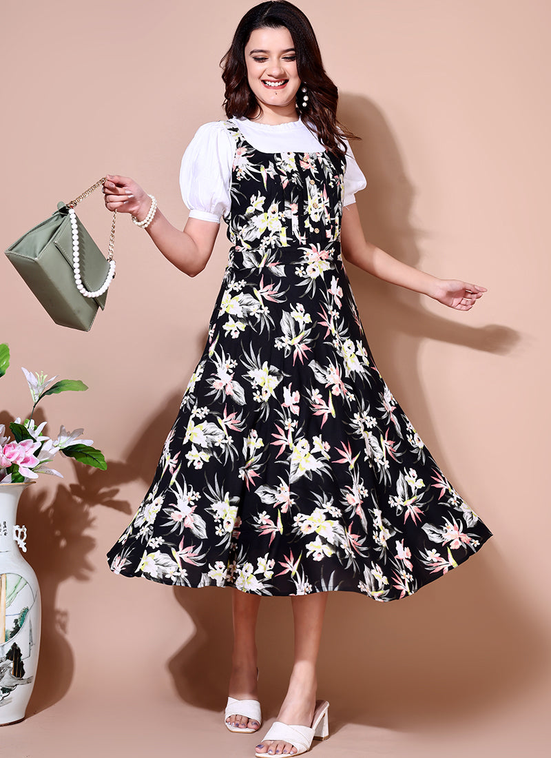 Hawaiian Print Pleate Details Dungaree Dress