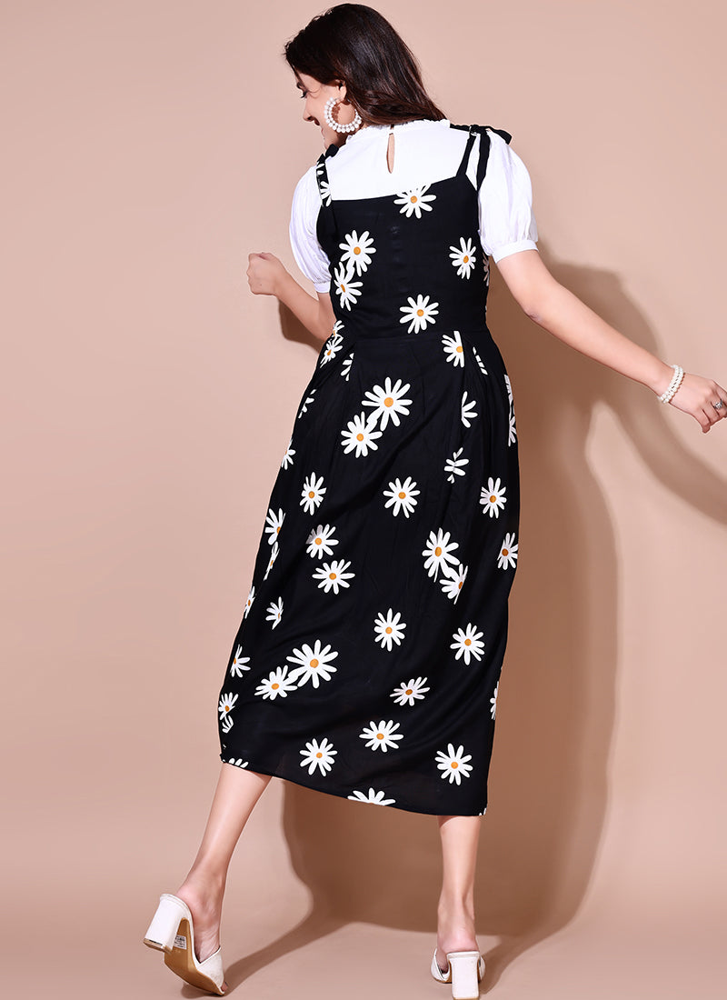 Black Daisy Flower Two Piece Dungaree Dress