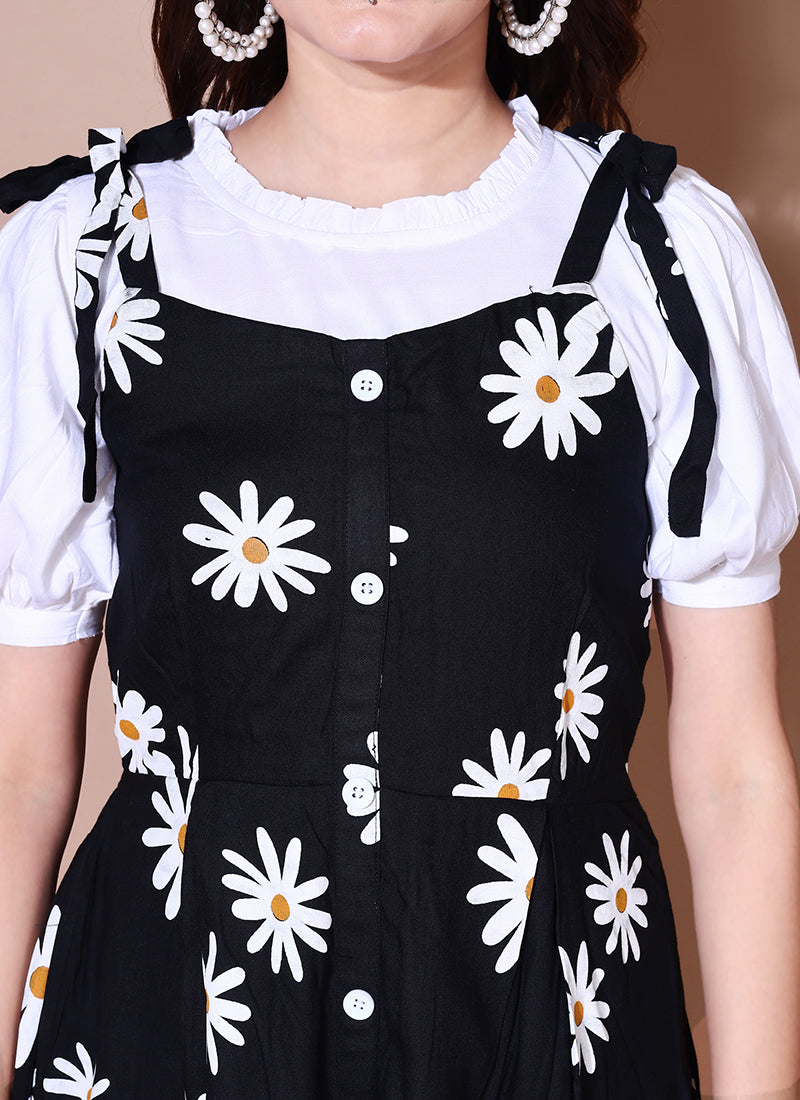 Black Daisy Flower Two Piece Dungaree Dress