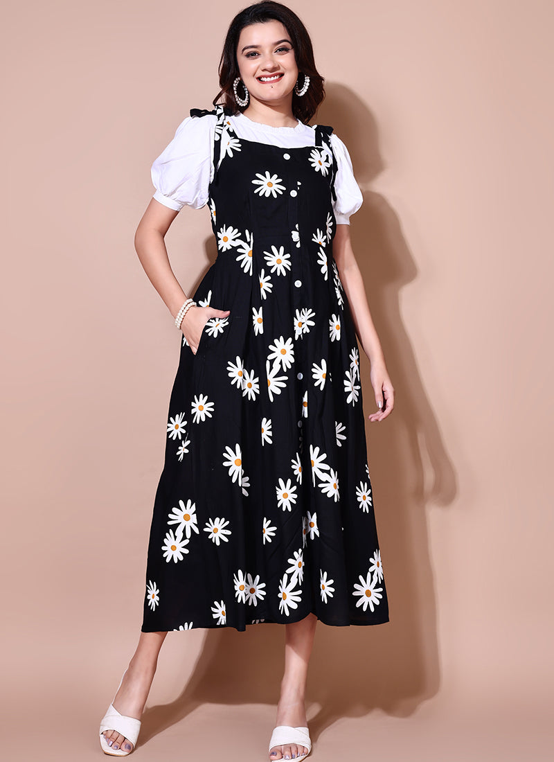 Black Daisy Flower Two Piece Dungaree Dress