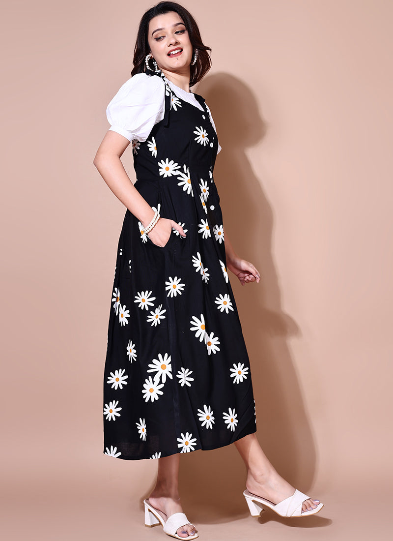 Black Daisy Flower Two Piece Dungaree Dress