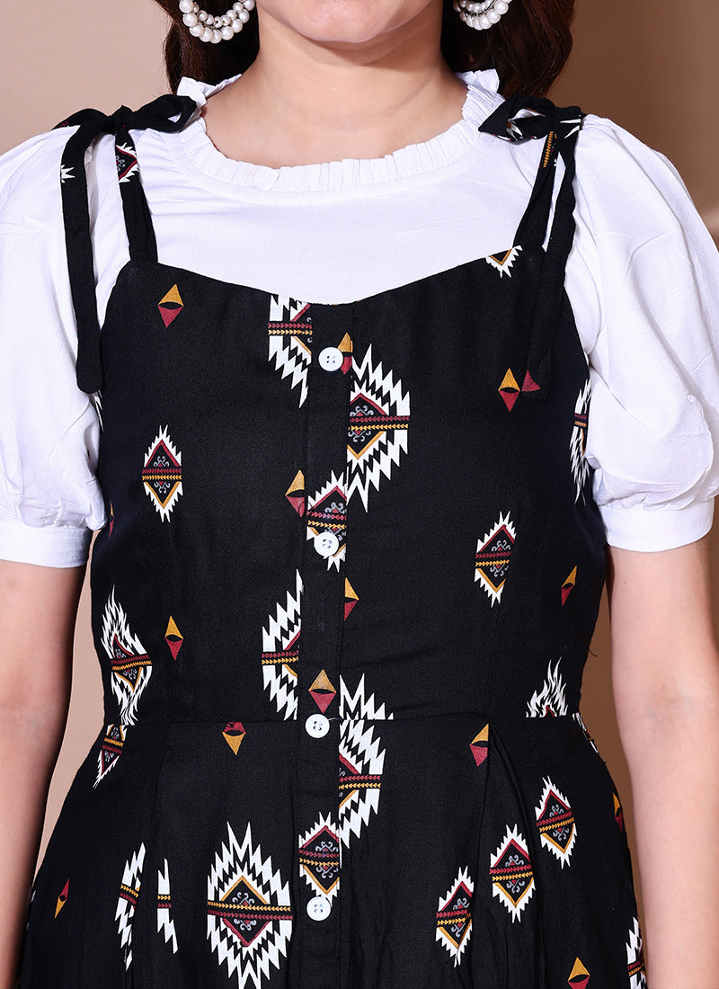 Chic Black Ikat Print Two Piece Dungaree Dress