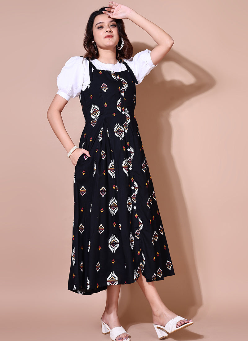 Chic Black Ikat Print Two Piece Dungaree Dress