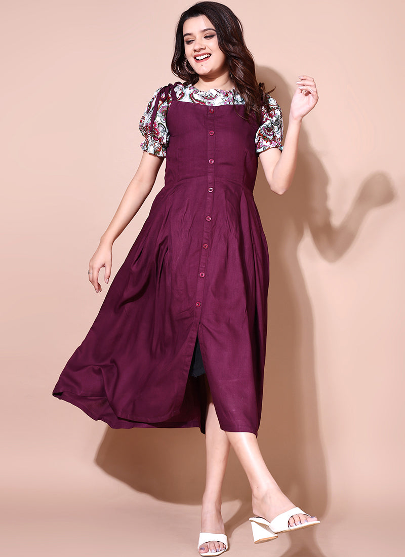 Glossy Flower Printed Two Piece Dungaree Dress