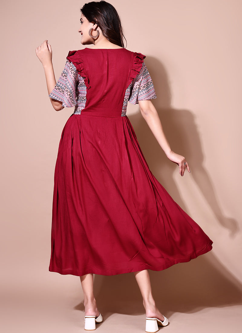 Maroon Flutter Sleeve Midi Dress