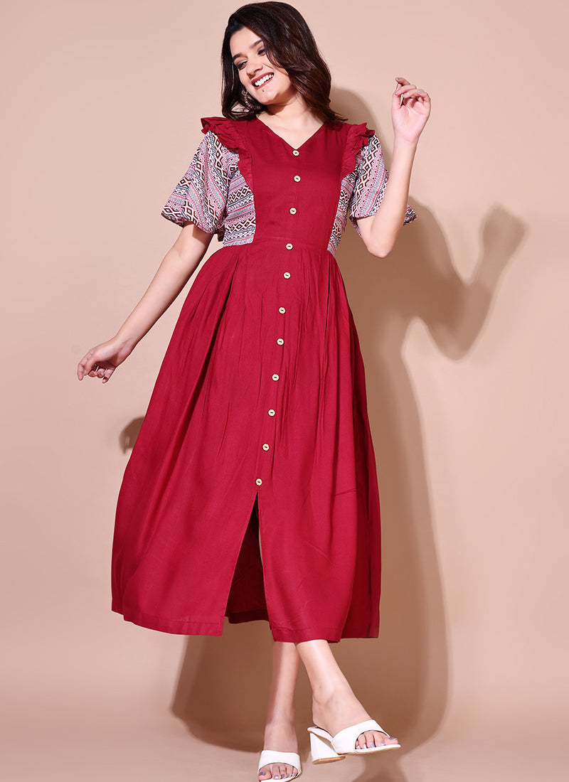 Maroon Flutter Sleeve Midi Dress