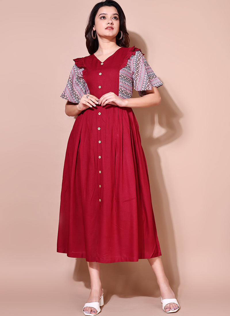 Maroon Flutter Sleeve Midi Dress