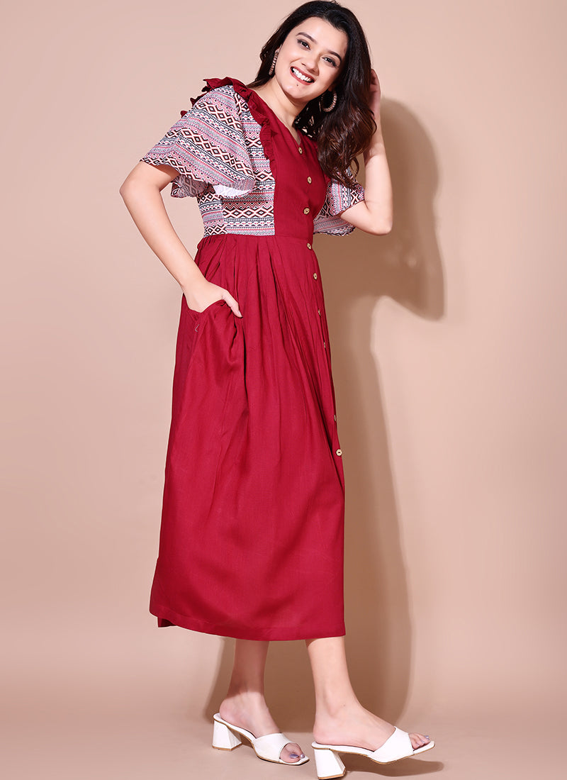 Maroon Flutter Sleeve Midi Dress