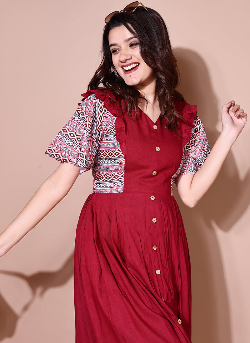 Maroon Flutter Sleeve Midi Dress