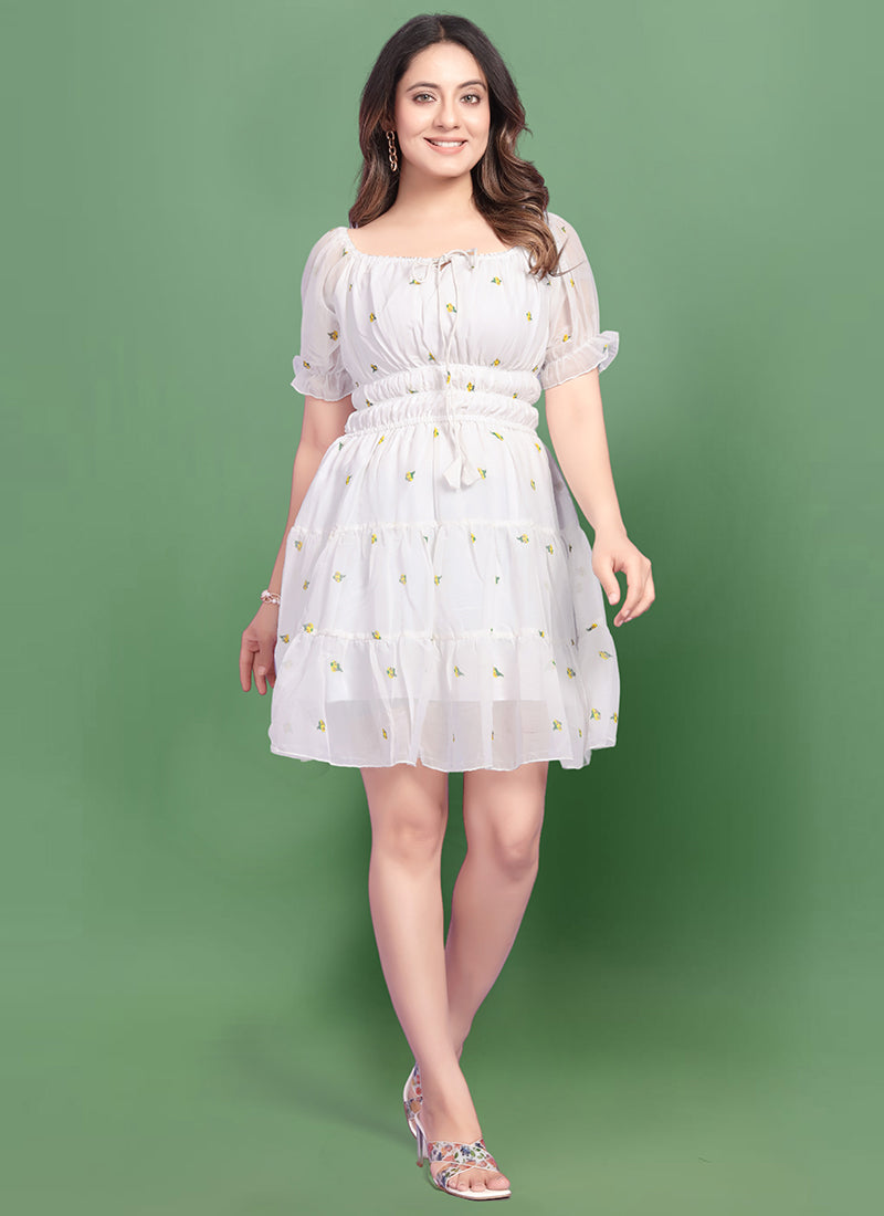 White Georgette Off Shoulder Mini Dress