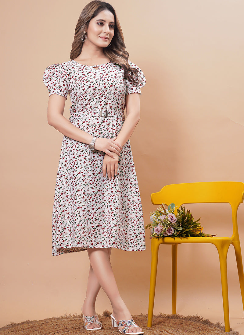 Cream Rayon Printed Midi Dress