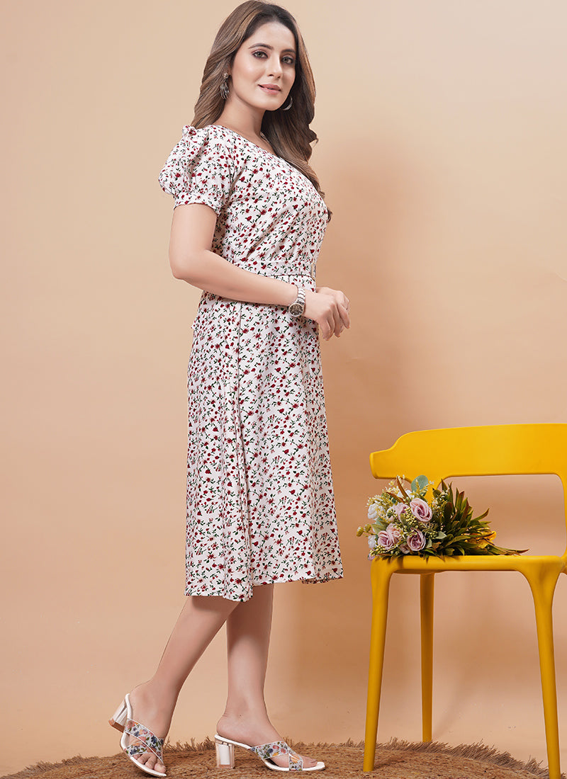 Cream Rayon Printed Midi Dress