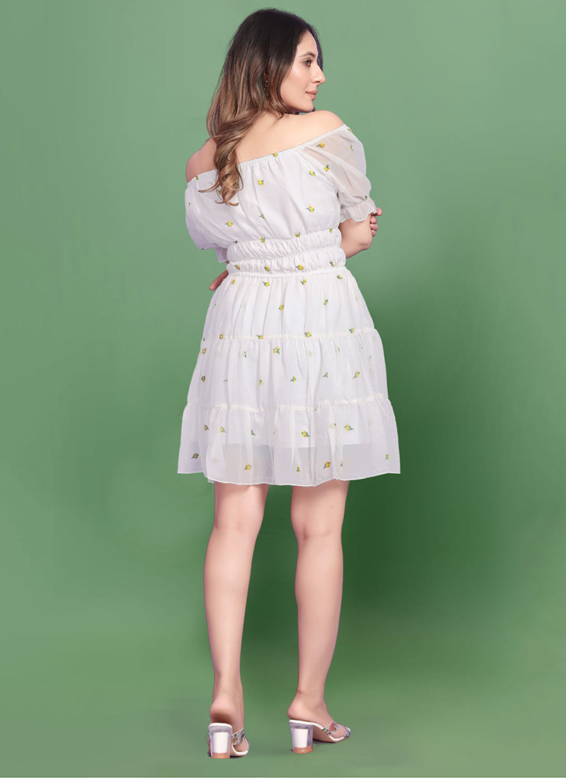 White Georgette Off Shoulder Mini Dress