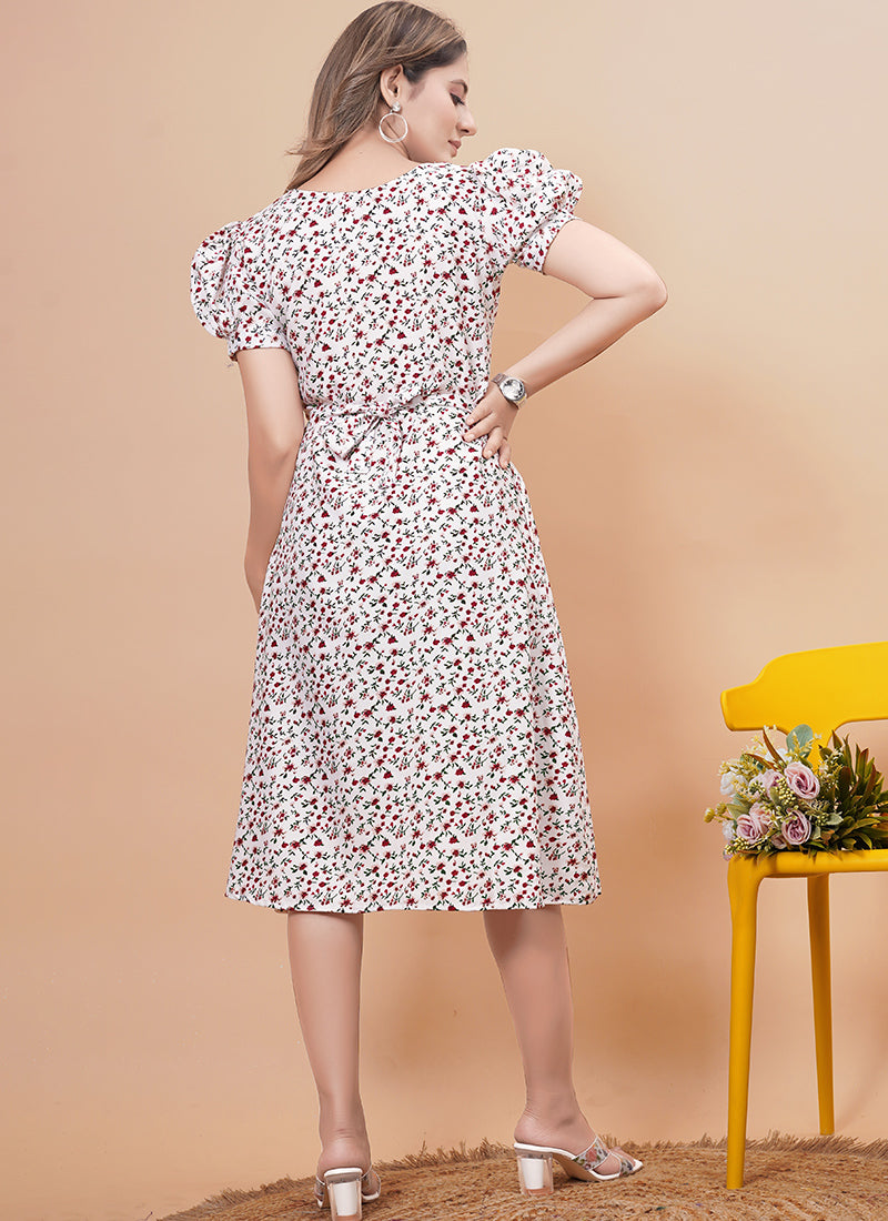 Cream Rayon Printed Midi Dress