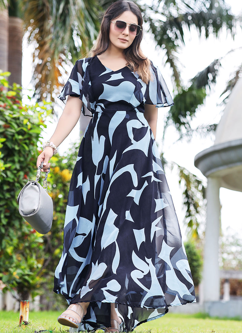 Dashing Teal & Black V - Neck Digital Print Georgette Maxi Dress