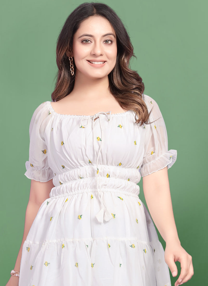 White Georgette Off Shoulder Mini Dress