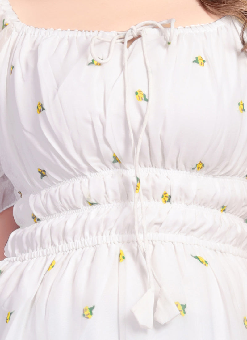White Georgette Off Shoulder Mini Dress