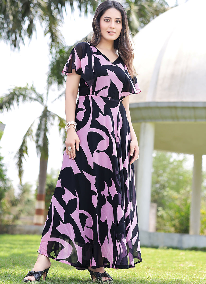 Charming Lavender & Black Color Ankle Length Georgette Maxi Dress