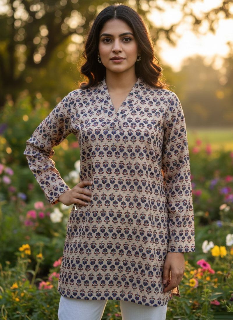 Cream Flower Printed Muslin Casual Short Kurti